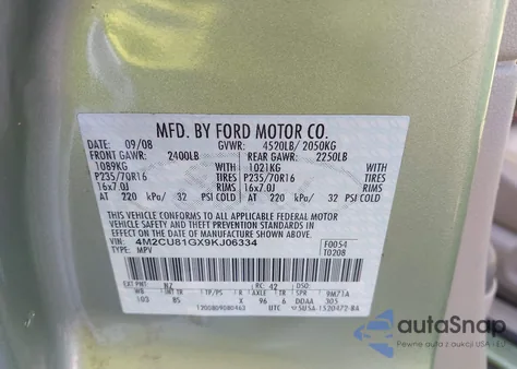 2009 Mercury Mariner V6 z USA, uszkodzony, nr VIN 4M2CU81GX9KJ06334